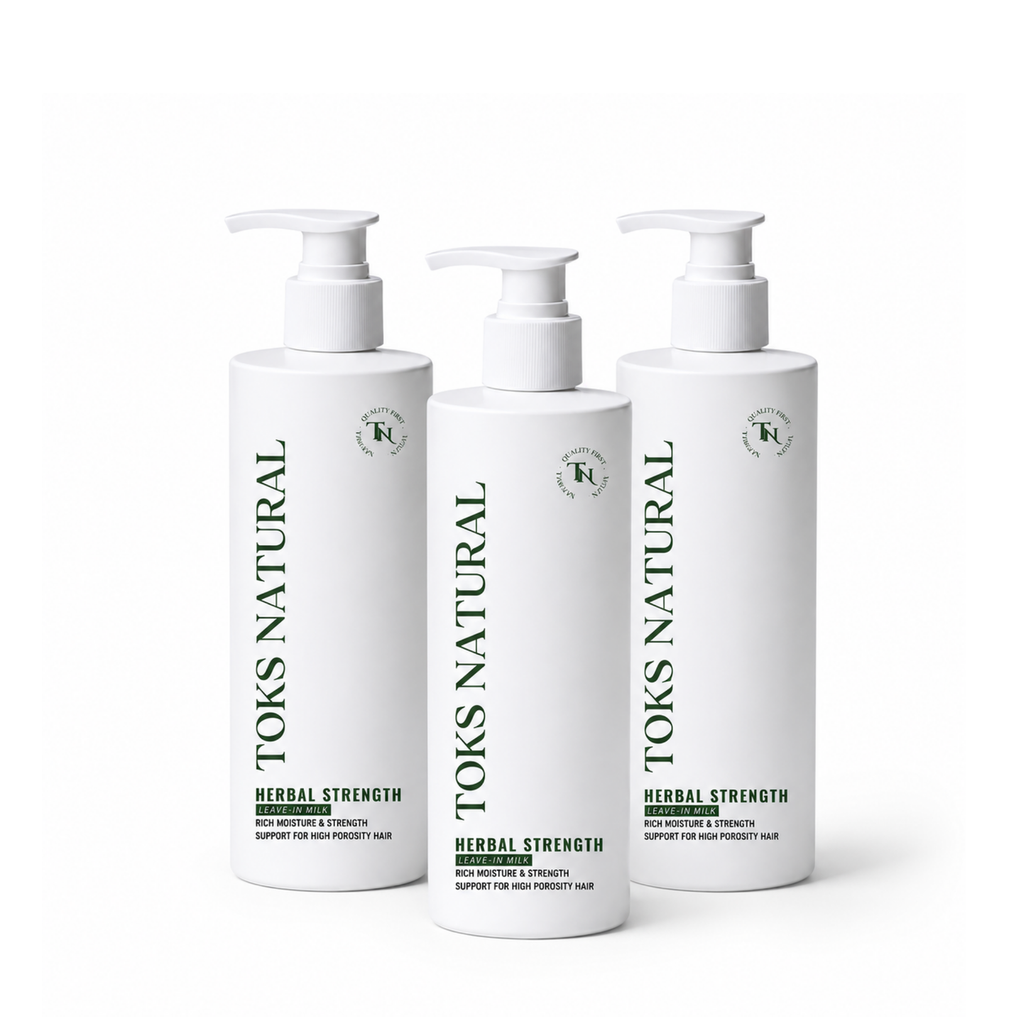 Three bottles of Toks Natural Herbal Strength product on a white background