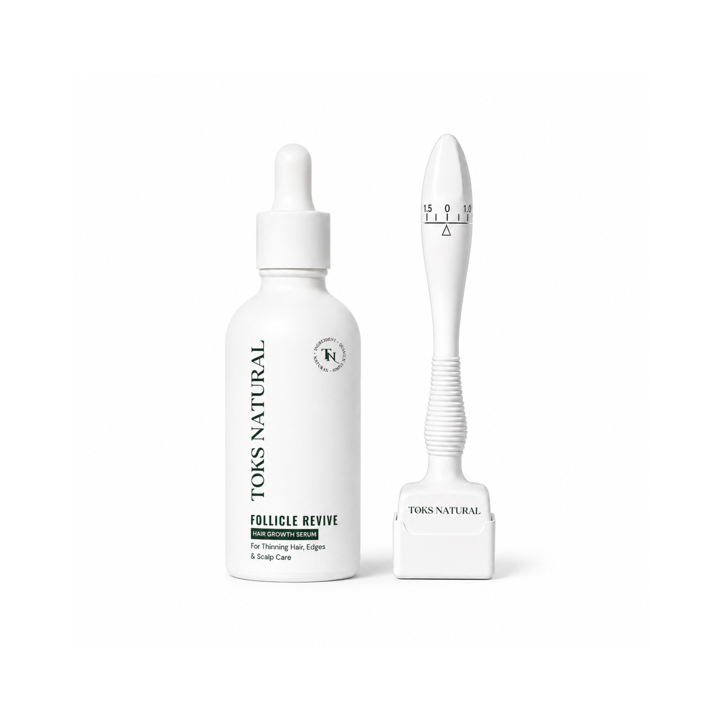 Tons Natural Follicle Revive hair growth care set, featuring a white dropper bottle and a white silicone follicle stimulator tool on a clean white background.