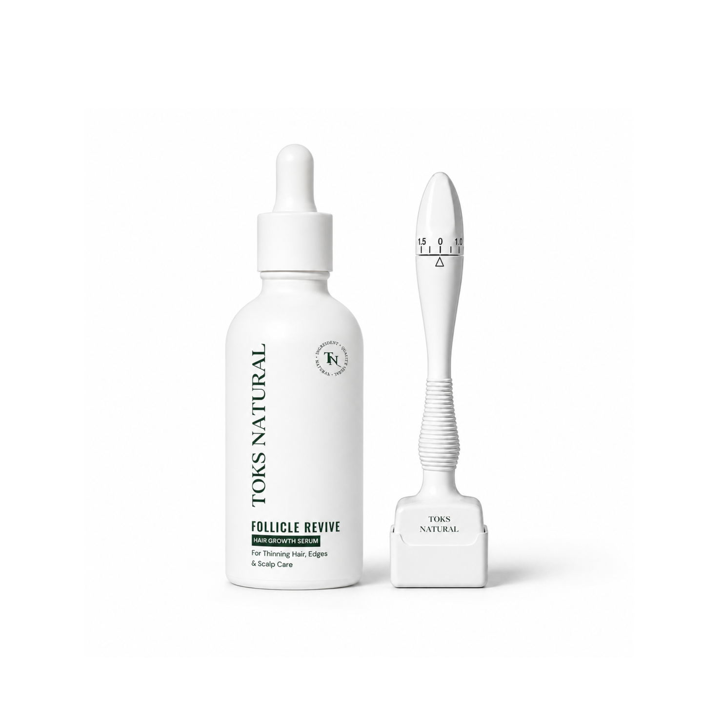 Toks Natural Follicle Revive hair growth serum in a white dropper bottle next to a white silicone scalp stimulator wand, shown on a clean white background.