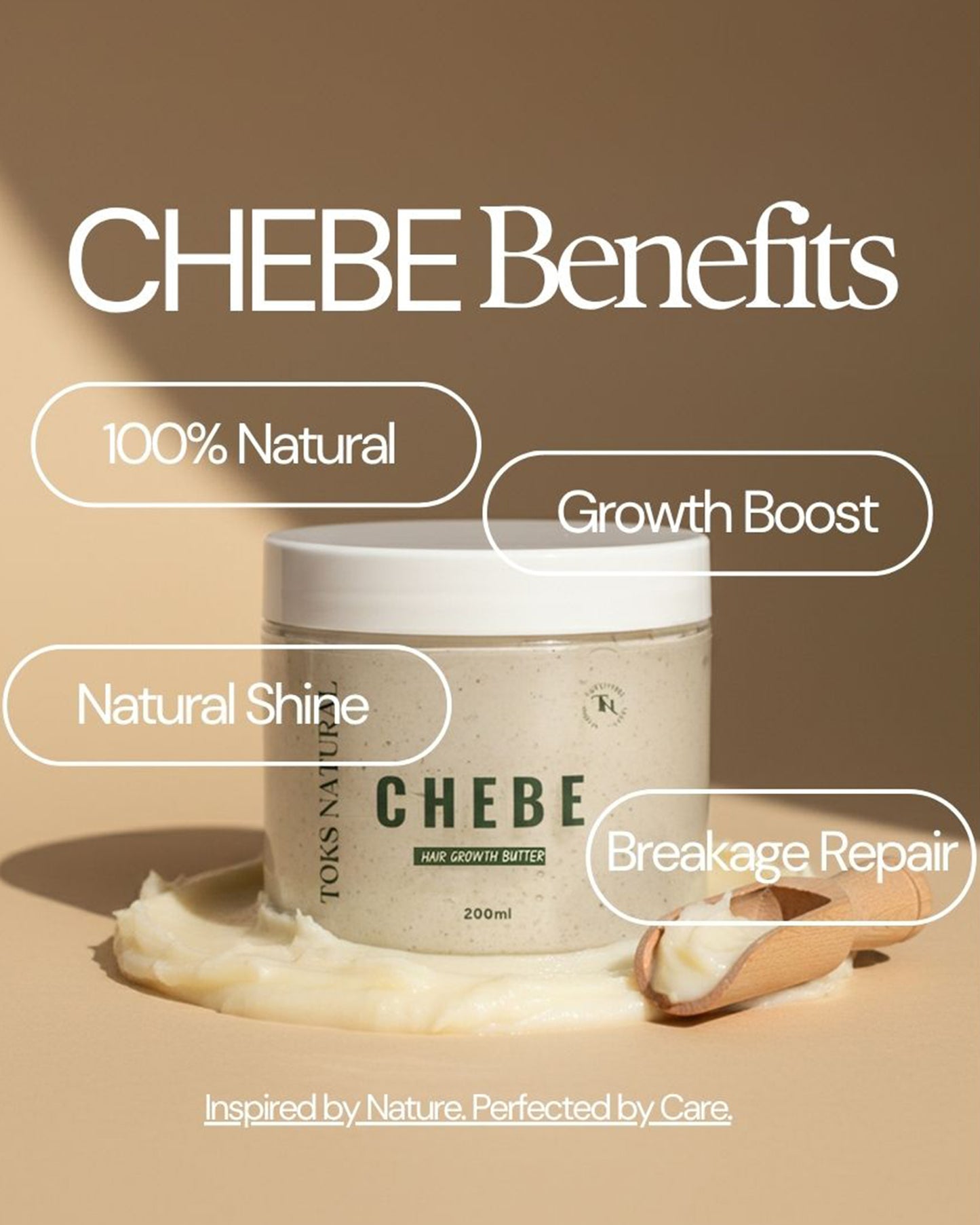 CHEBE hair growth butter with benefits listed on a beige background