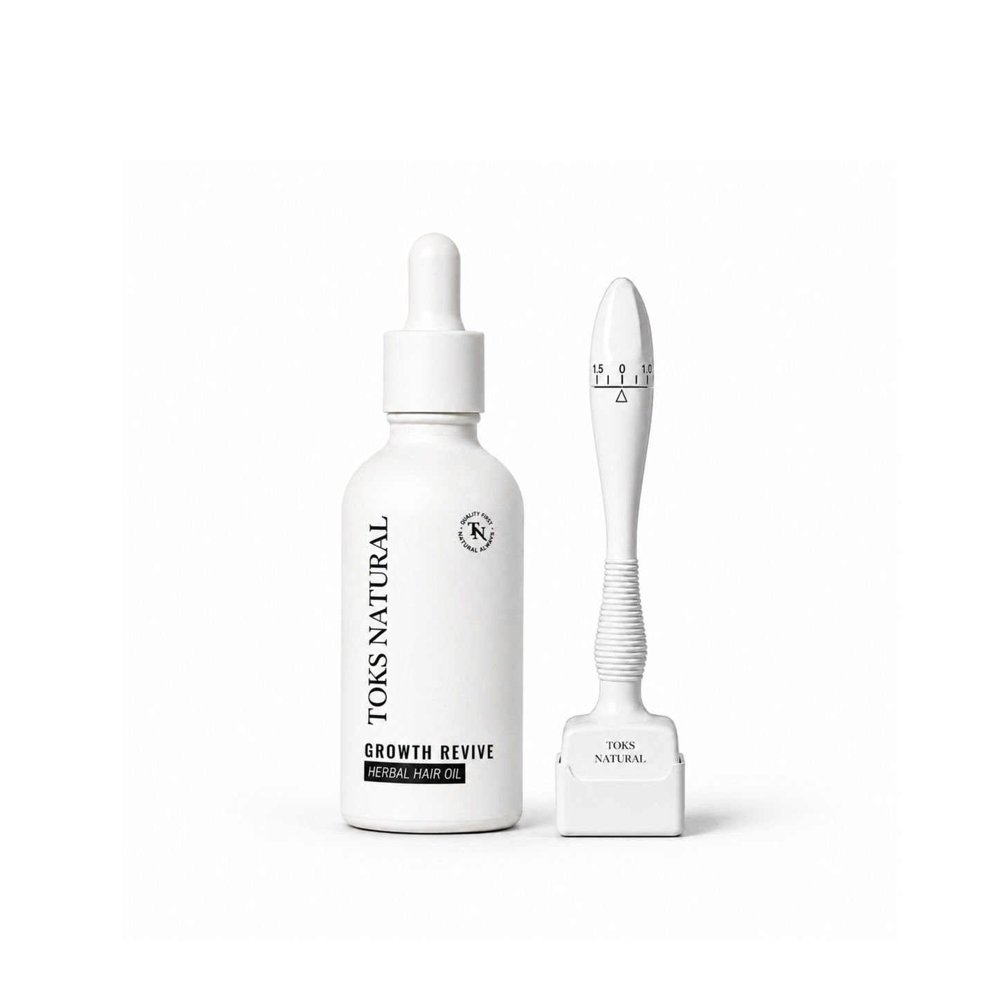 Toks Natural Growth Revive hair oil in a white dropper bottle next to a white silicone applicator tool, shown on a clean white background.