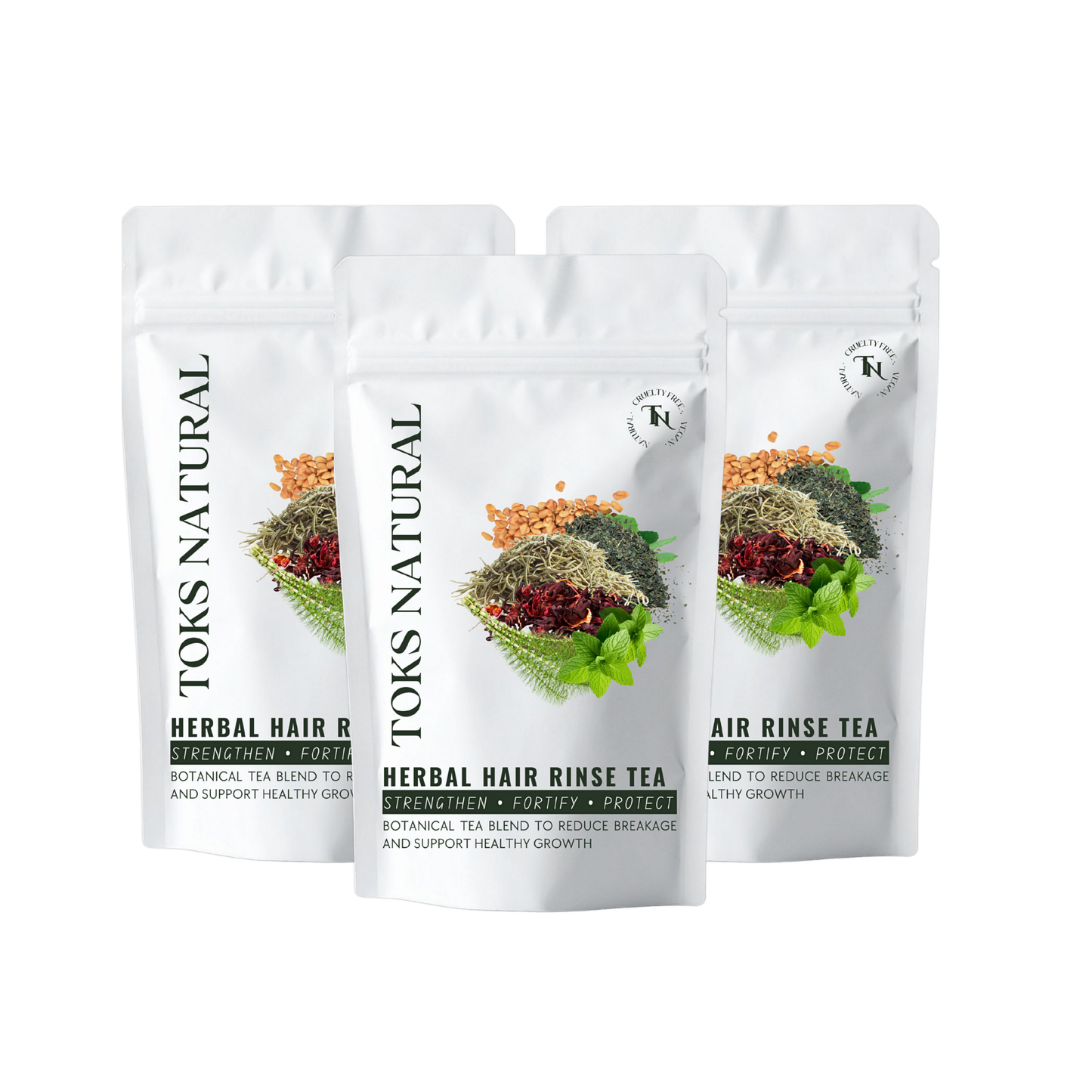 Three packages of TOKS NATURAL Herbal Hair Rinse Tea on a white background