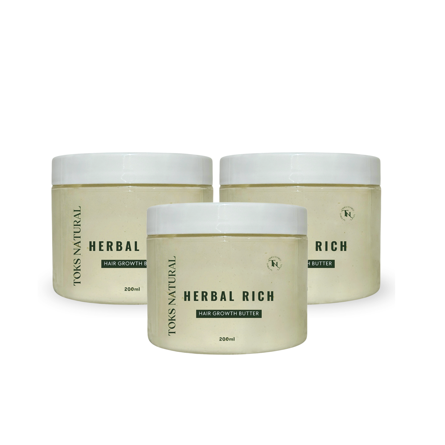 Three jars of Toms Natural Herbal Rich Hair Growth Butter on a white background