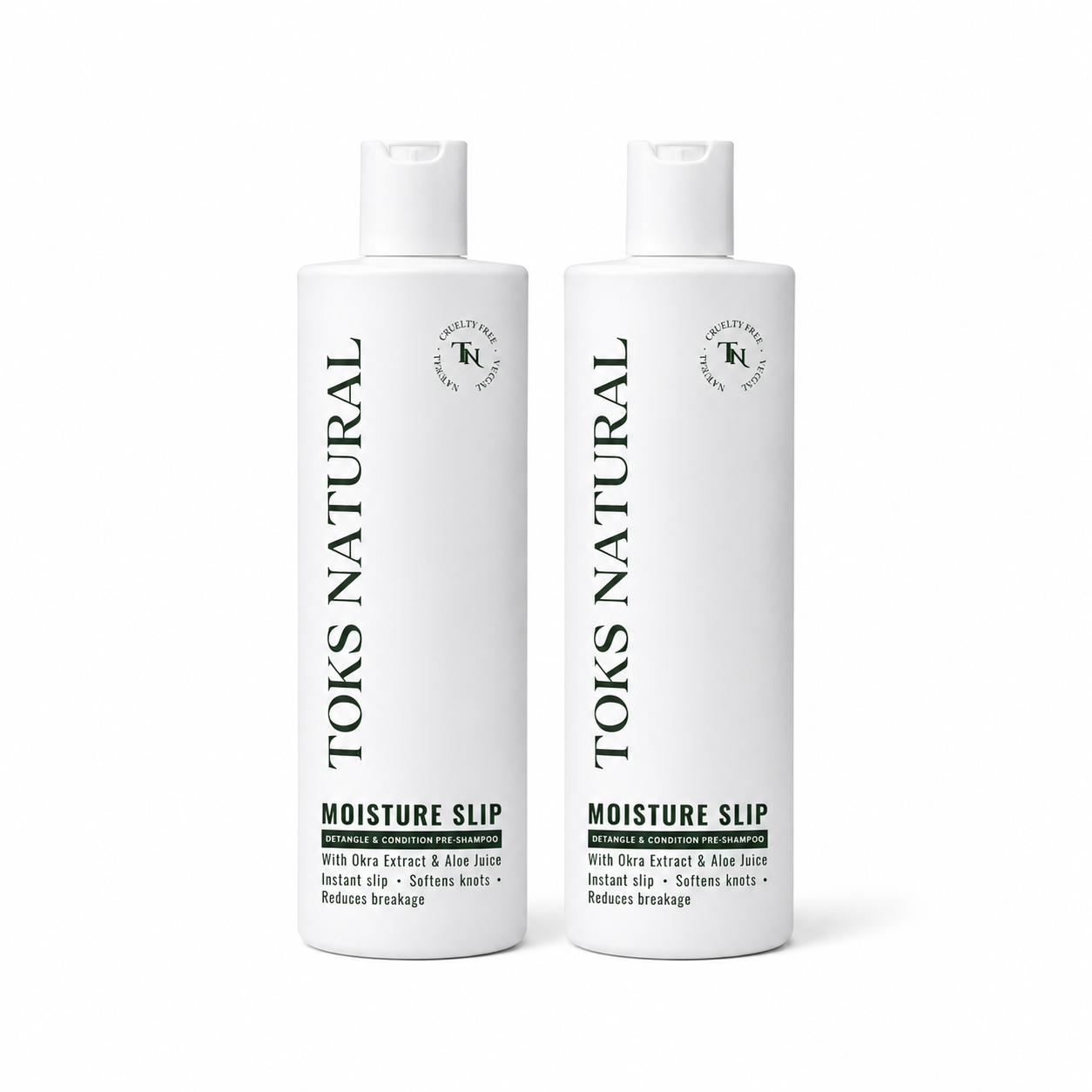 Two bottles of Toks Natural Moisture Slip shampoo on a white background
