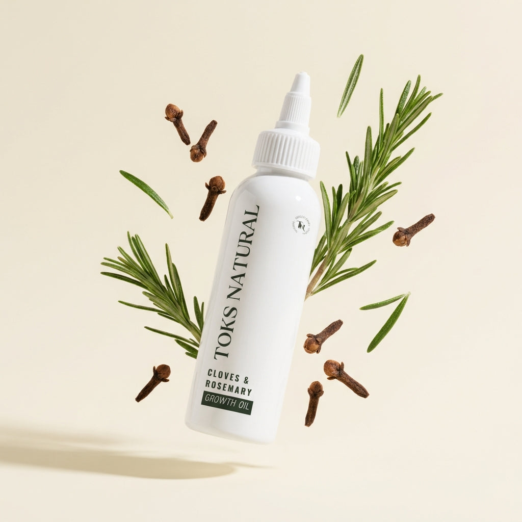 Toks Natural Cloves & Rosemary Growth Oil bottle with clove and rosemary leaves on a beige background