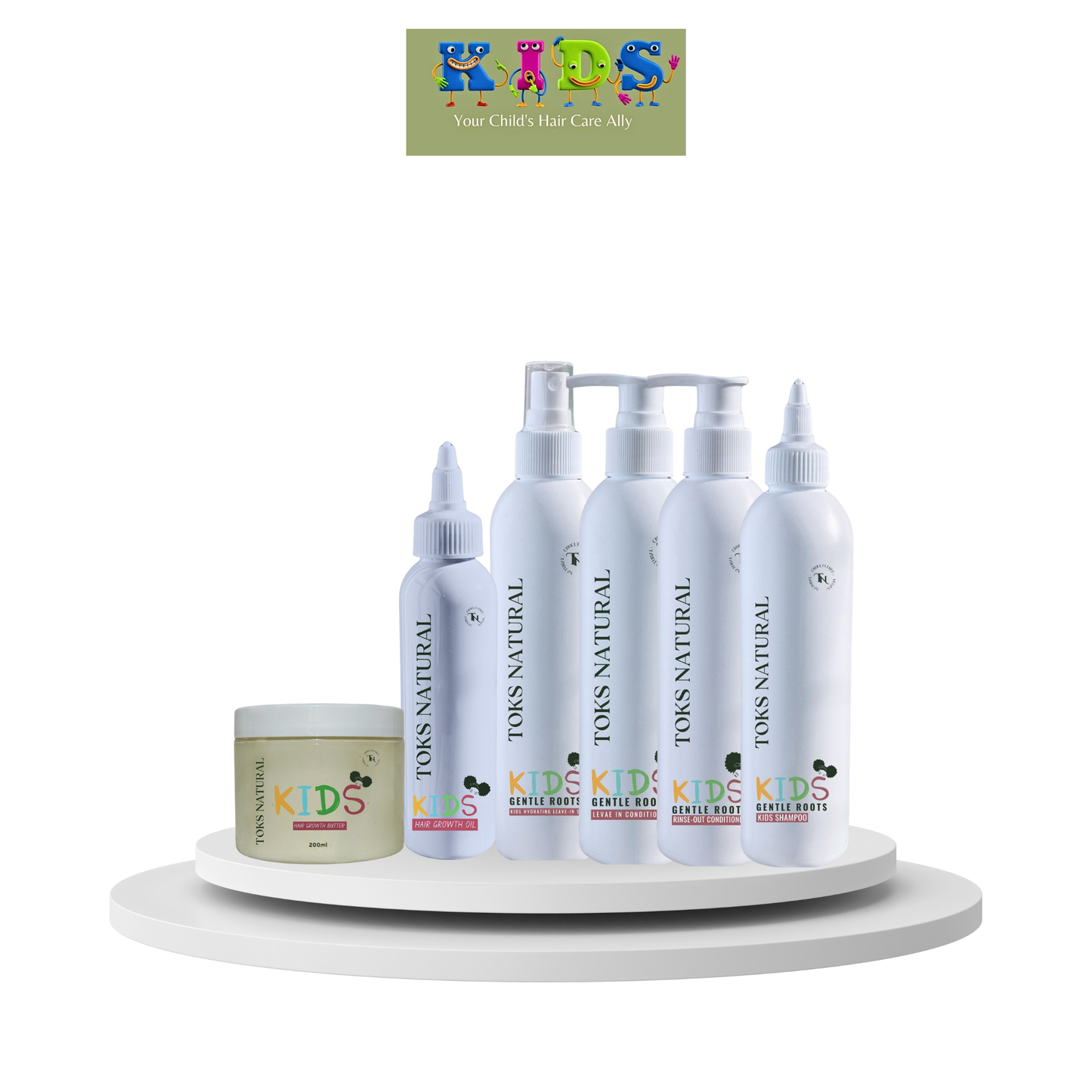 Set of TOKS Kids hair care products on a white background with a brand logo above.