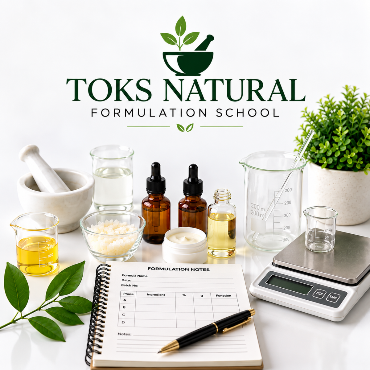 A styled flat-lay of formulation school materials on a white surface, including a mortar and pestle, dropper bottles, beakers, a notebook, a pen, a digital scale, and a small potted plant. The logo 'TOKS NATURAL FORMULATION SCHOOL' appears prominently at the top.