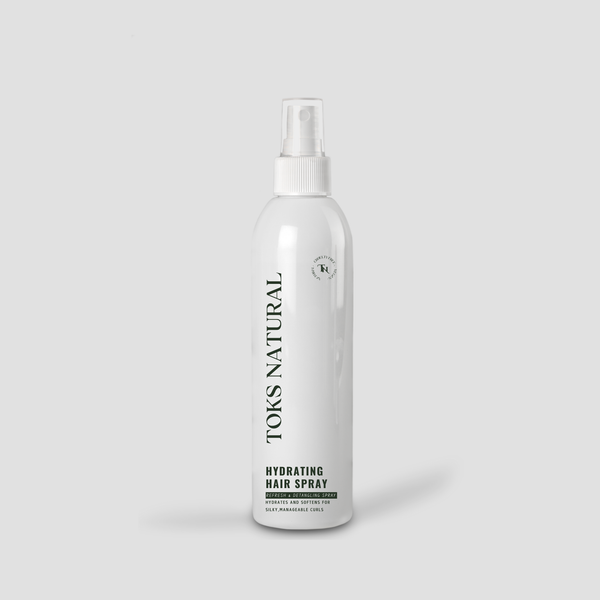 Toks Natural hydrating hair spray bottle on a light gray background