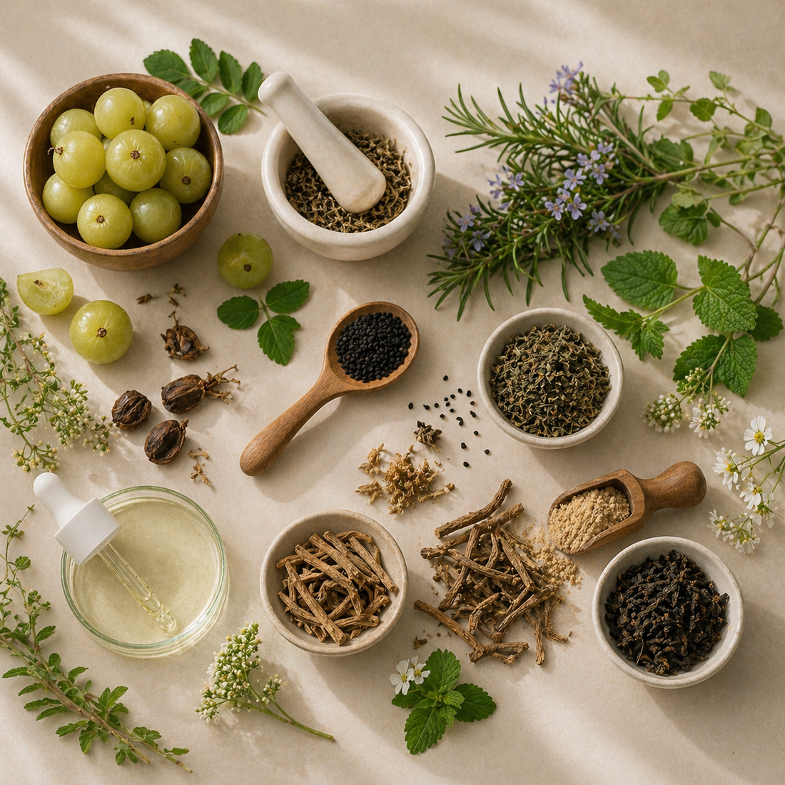 herbs lay flat on the table