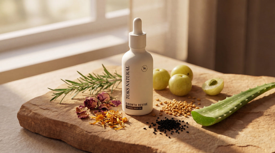 growth revive oil bottle surrounded by fresh herbs 