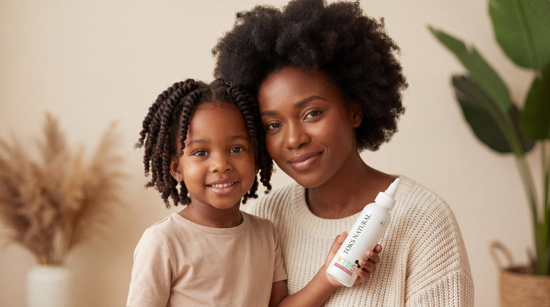 mum and a child holding Toks Natural kids hair growth oil.