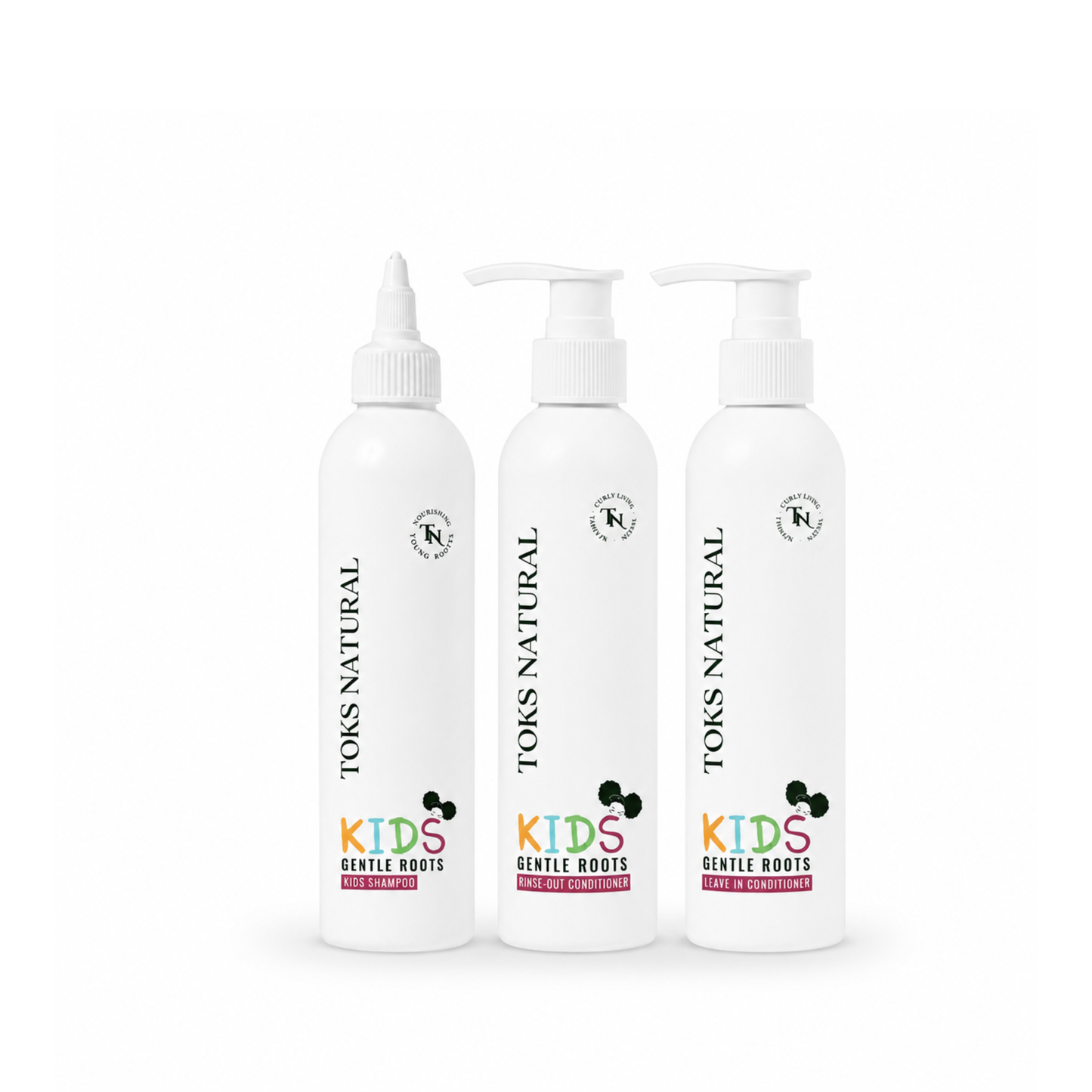 Three bottles of Toks Natural Kids Gentle Roots product on a white background
