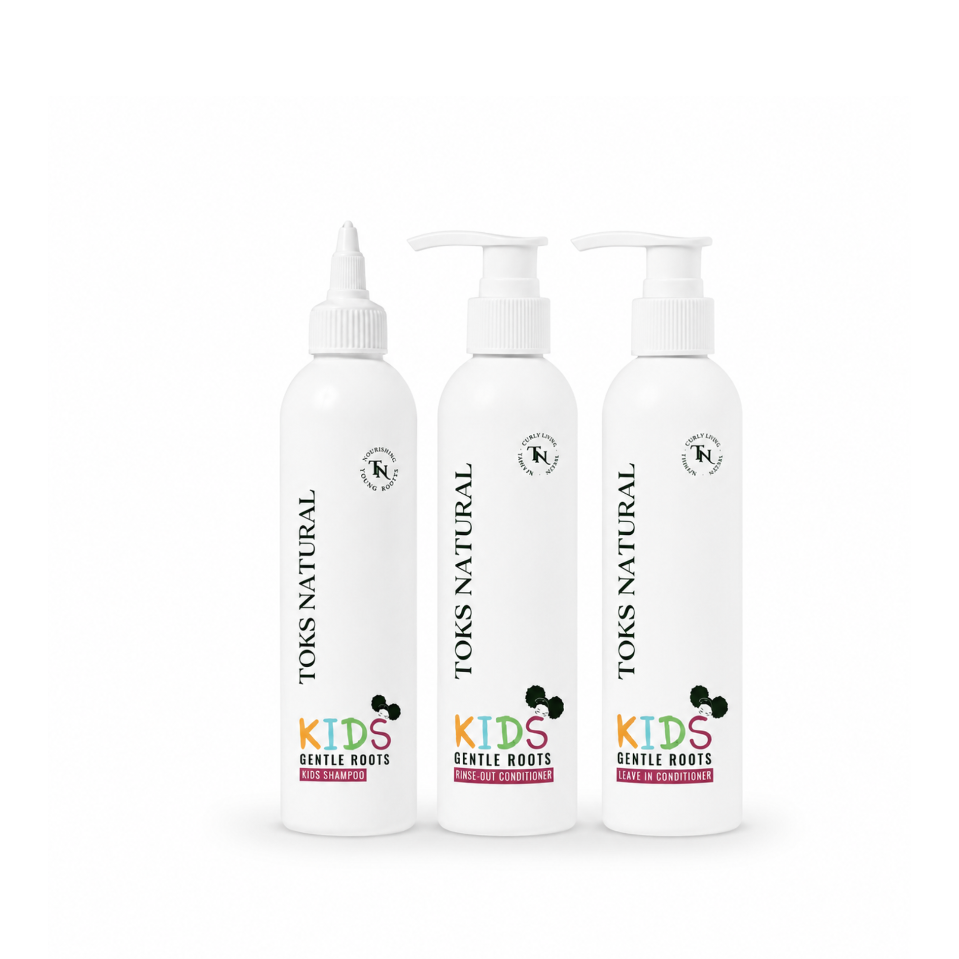 Three bottles of Toks Natural Kids Gentle Roots product on a white background