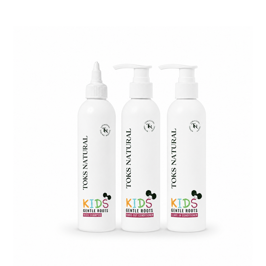 Three bottles of Toks Natural Kids Gentle Roots product on a white background