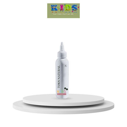White bottle of Toks Natural hair care product on a white platform with a colorful logo in the corner.