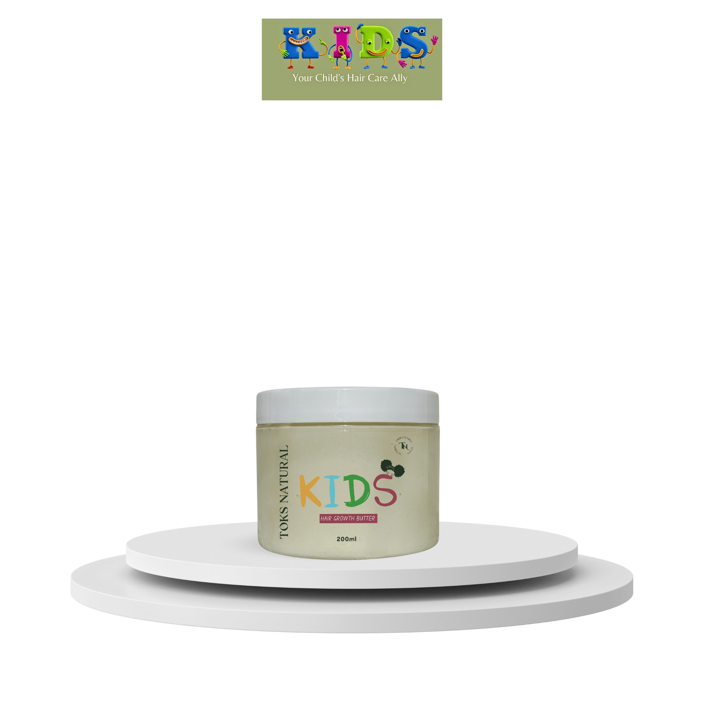 Jar of 'TOKS Natural Kids' hair care product on a white surface with a branded logo above.