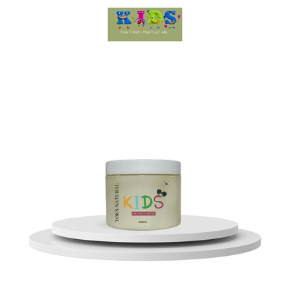 Jar of 'TOKS Natural Kids' hair care product on a white surface with a branded logo above.