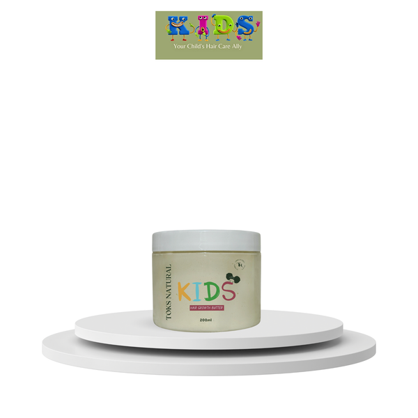 Jar of 'TOKS Natural Kids' hair care product on a white surface with a branded logo above.