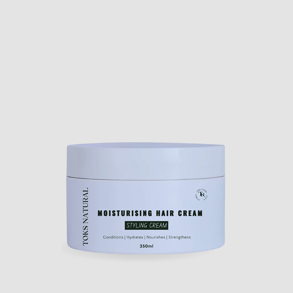 Moisturising hair cream container with blue lid on a white background