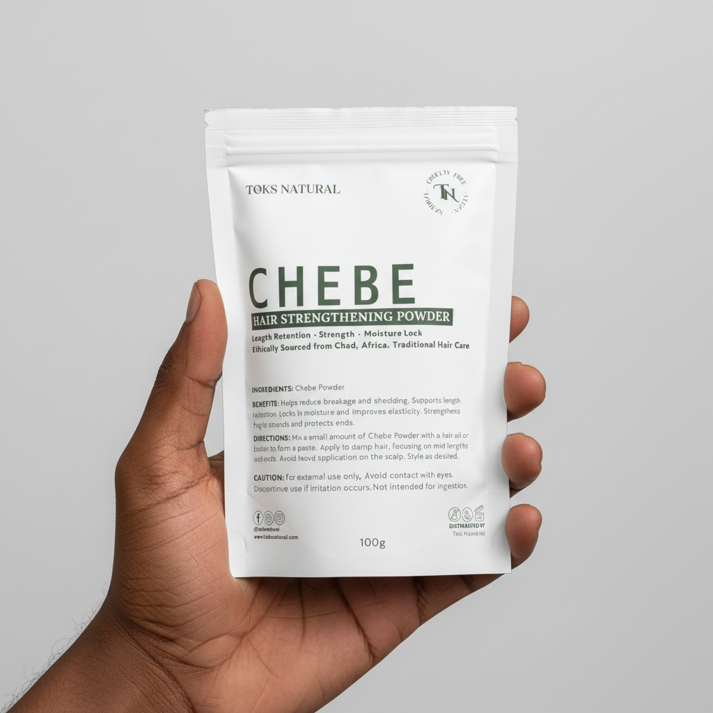 Hand holding a package of Toks Natural Chebe Hair Strengthening Powder against a gray background