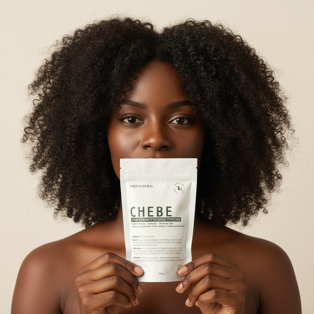 Woman holding a 'Chebe' product package against a beige background