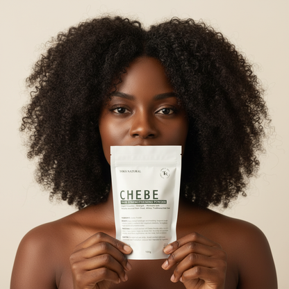 Woman holding a 'Chebe' product package against a beige background