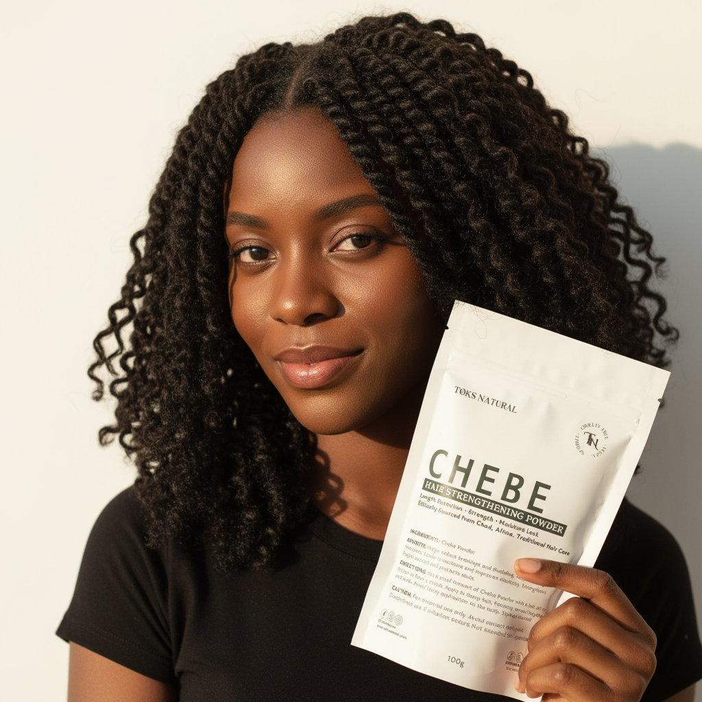 Woman holding a package of 'Chebe' powder against a neutral background