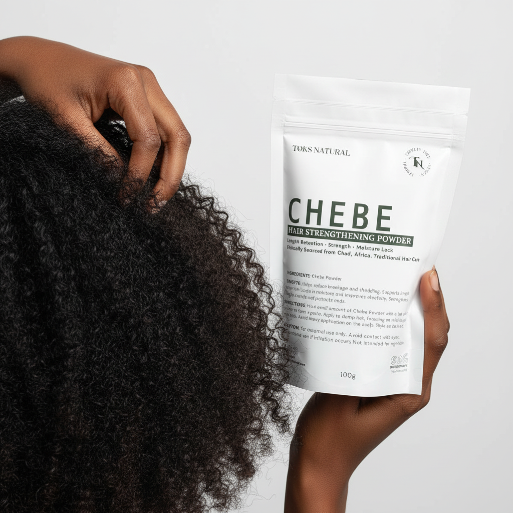 Person holding a package of TOKS NATURAL CHEBE hair strengthening powder with curly hair.