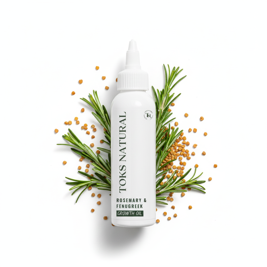 Toks Natural Rosemary & Fenugreek growth oil bottle surrounded by rosemary leaves and seeds on a white background