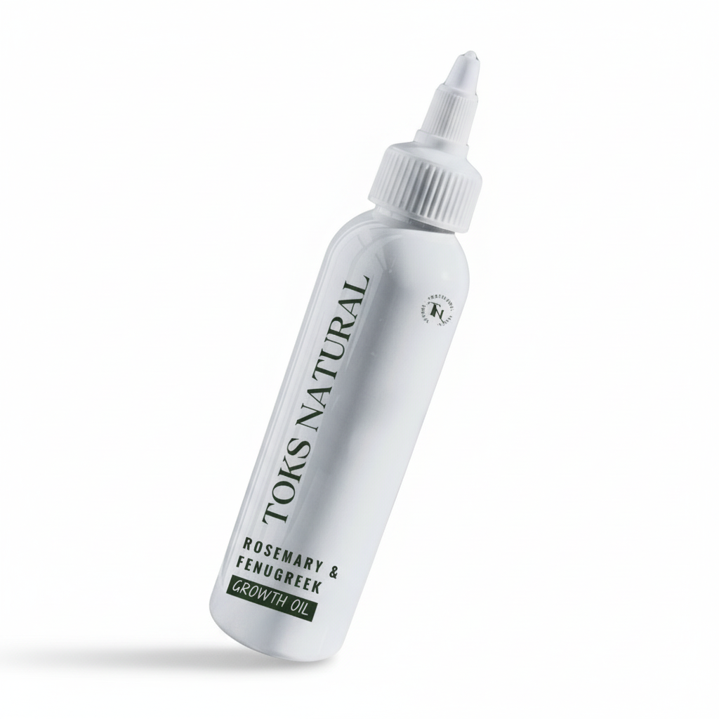 Toks Natural growth oil bottle on a white background