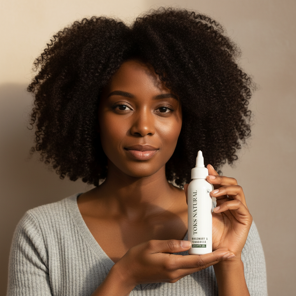 Woman holding a bottle of hair care product with a neutral background