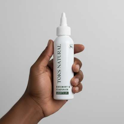 Hand holding a bottle of TOKS Natural hair growth oil against a plain background