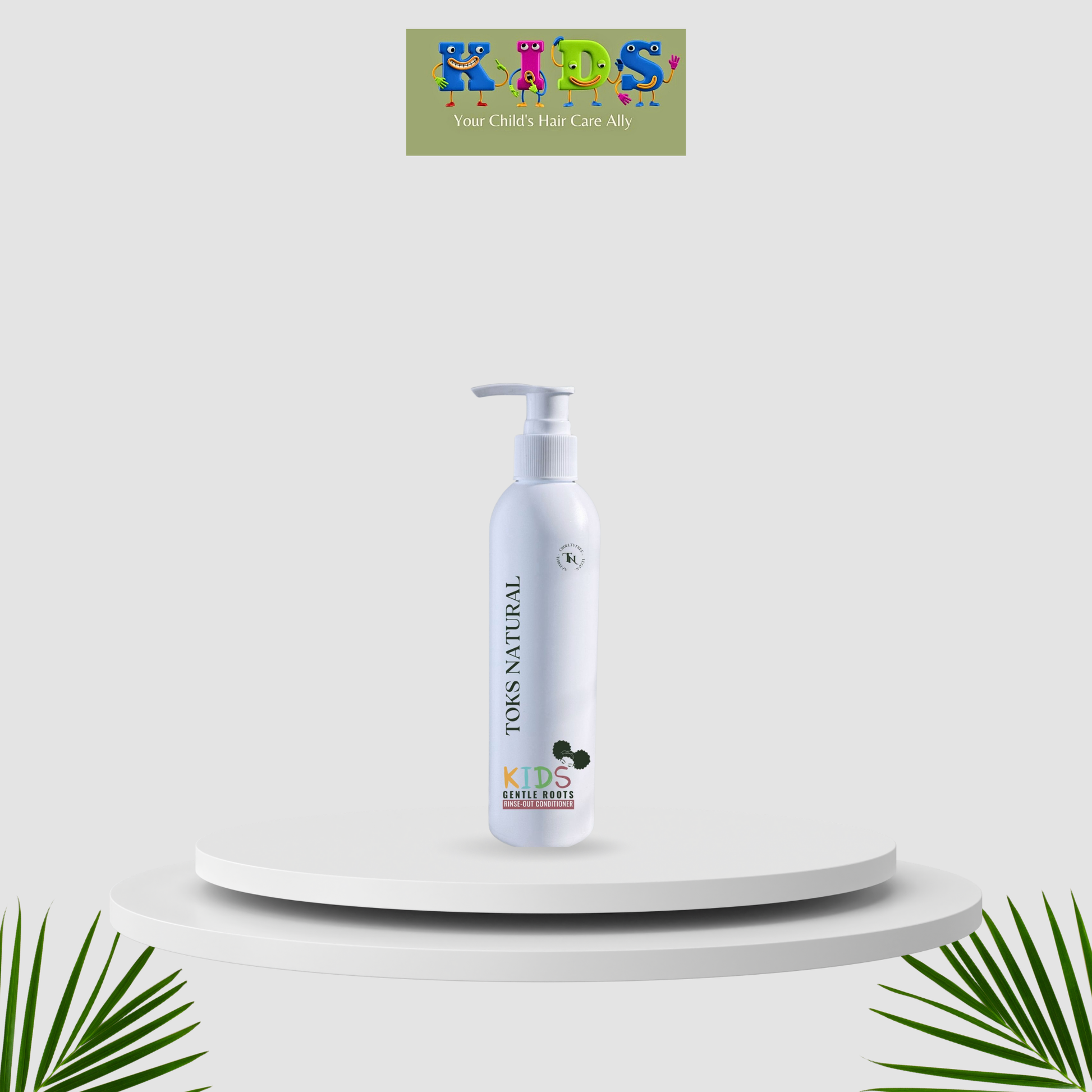 White bottle with 'KIDS' branding on a white platform with green leaves and a colorful logo in the corner.