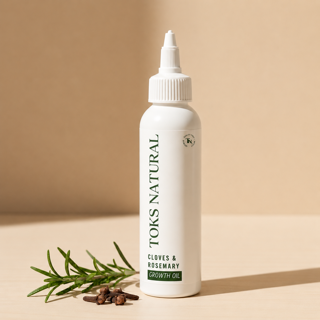 Toks Natural Cloves & Rosemary Growth Oil bottle with rosemary sprig and cloves on a beige background
