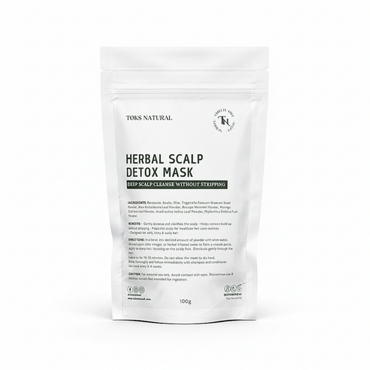 Herbal Scalp Detox Mask by Toks Natural in a white pouch on a clean white background