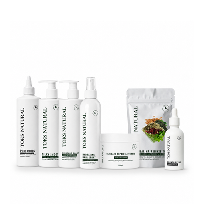 Collection of TOKS Natural hair care products on a white background