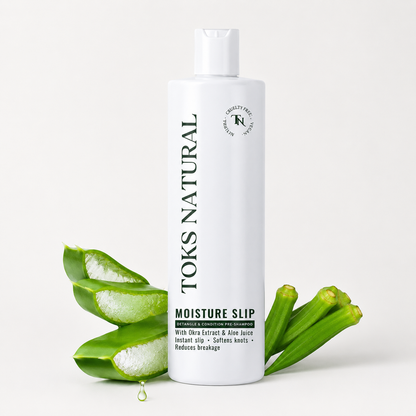 Toks Natural shampoo bottle with aloe vera leaves on a white background