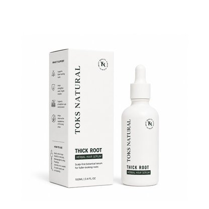 Toks Natural Thick Root Herbal Hair Serum bottle and packaging on a white background