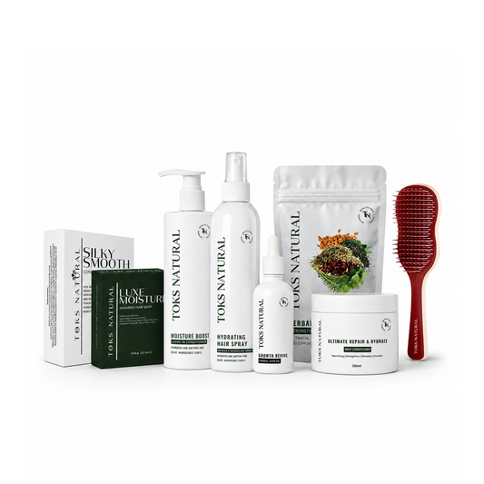 Toks Natural hair care product set including bottles, a jar, a brush, and packaging on a white background