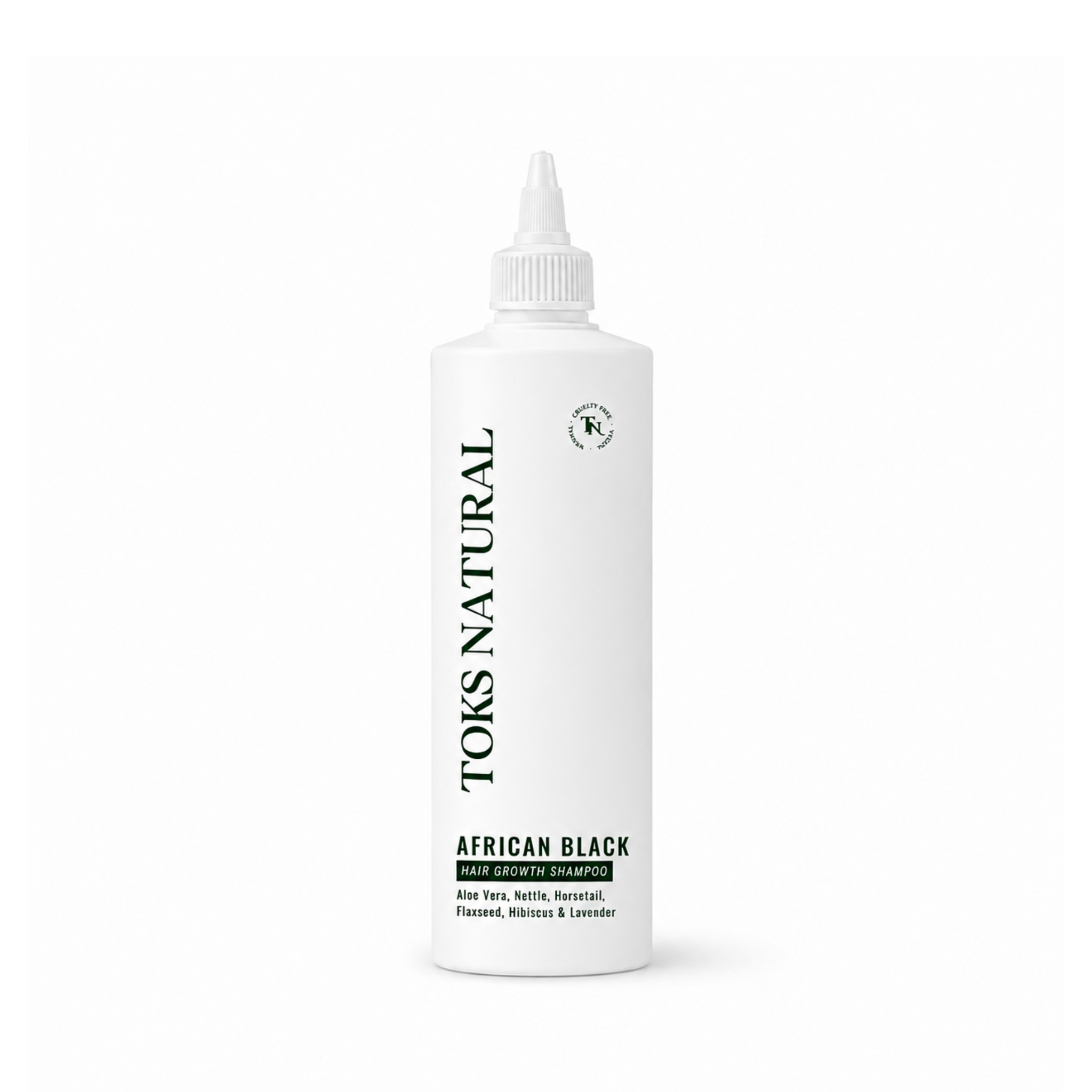 Toks Natural African Black hair growth shampoo bottle on a white background