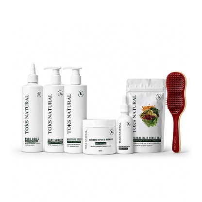 Toks Natural hair care products including bottles, a jar, a bag, and a brush on a white background