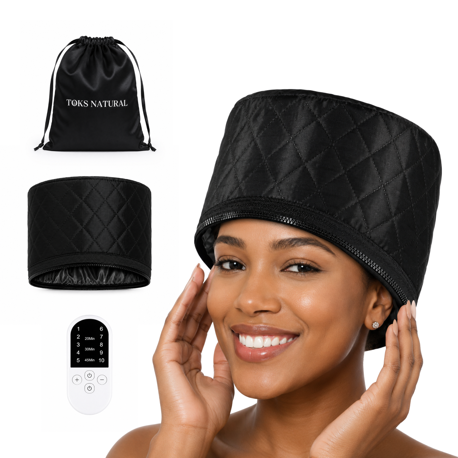 A woman wearing a black quilted hot steam cap, shown alongside the product's black drawstring bag, folded cap, and white remote control on a white background. The bag is printed with the brand name 'TORS NATURAL'.