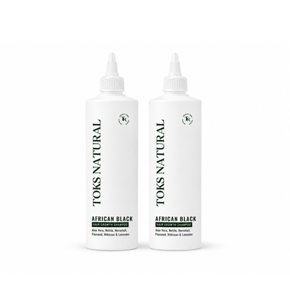 Two bottles of Toks Natural African Black hair product on a white background