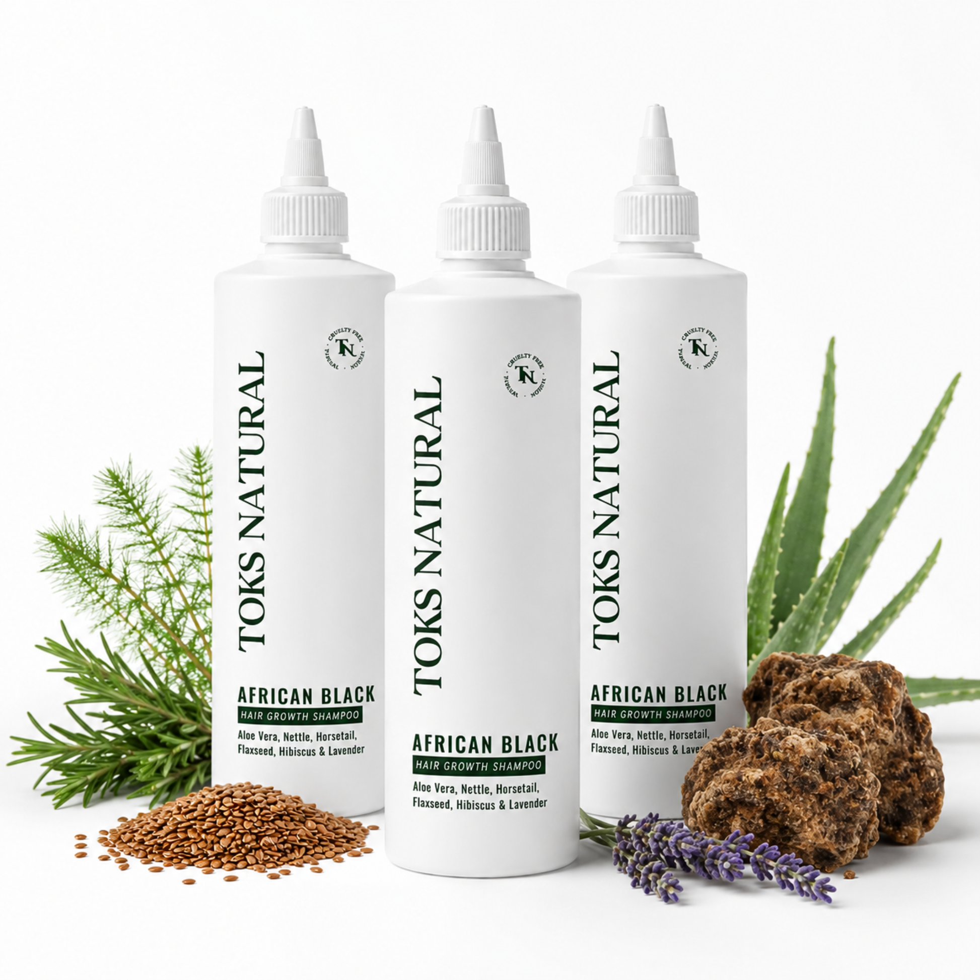 Three bottles of TOKS Natural African Black hair care products with natural ingredients on a white background