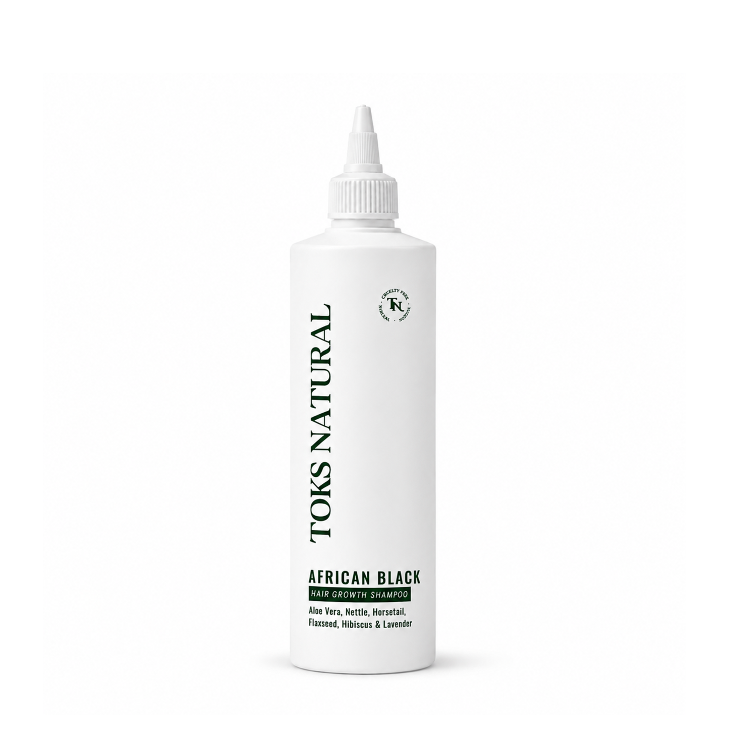 Toks Natural African Black hair growth shampoo bottle on a white background
