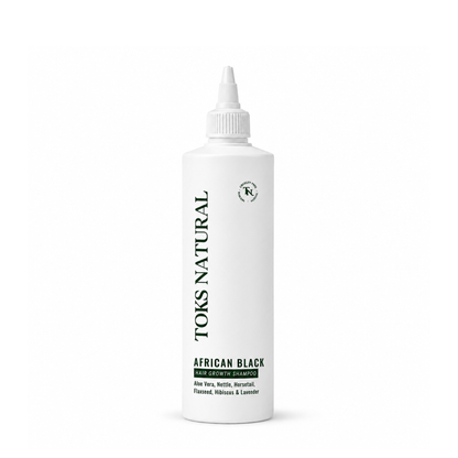 Toks Natural African Black hair growth shampoo bottle on a white background