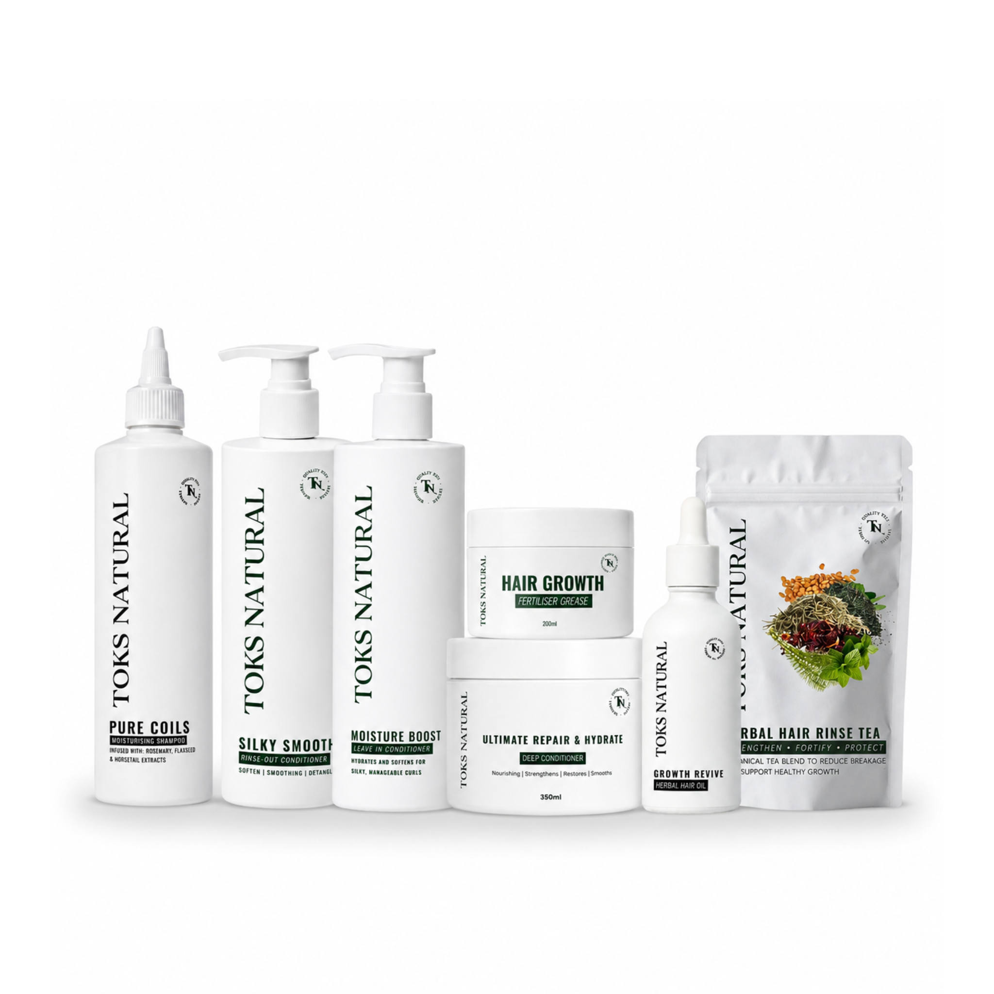 Collection of TONS NATURAL hair care products on a white background