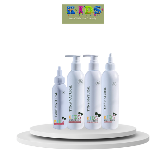 Set of TONS Natural Kids hair care products on a white platform with a brand logo above.