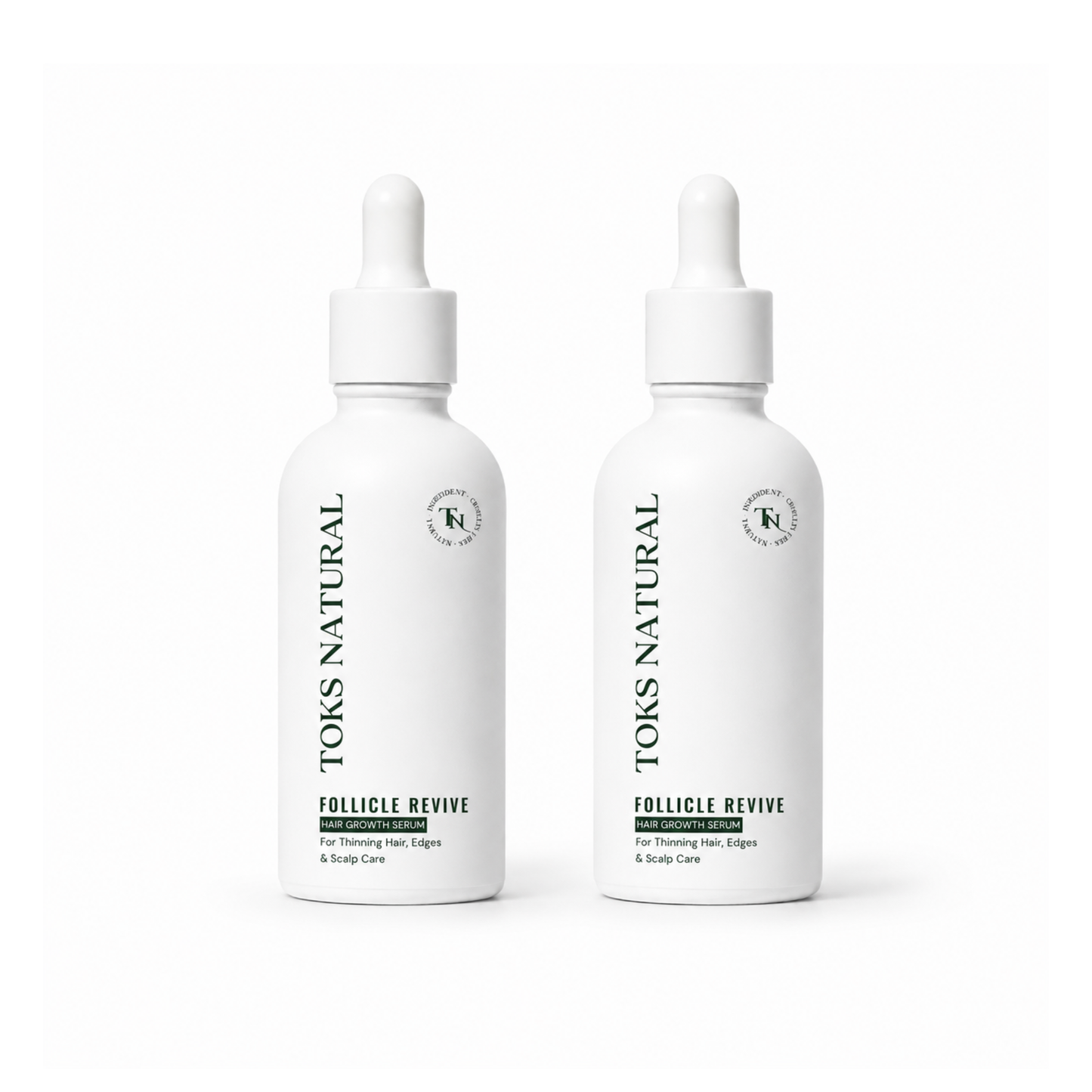 Two bottles of Toks Natural Follicle Revive on a white background