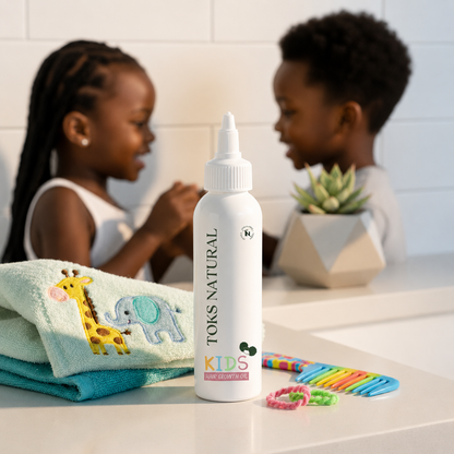 Toks Natural Kids product bottle on a counter with children in the background